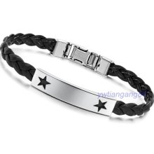 Fashion Black Braided Pu Leather Stainless Steel Charm Boy/men's Bracelet 8.5