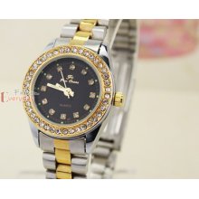 Fashion Black Crystals Gold Silver S-steel Band Womens Quartz Wrist Watch