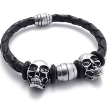 Fashion Black Leather Wristband Silver Skull Stainless Steel Bracelet Chain