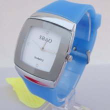 Fashion Candy Blue Women's Bling Crystal Jelly Quartz Wrist Watch Simple Design