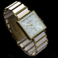 Fashion Crystal Square Mens Ladys Women Ceramic White Golden Gold Wrist Watch