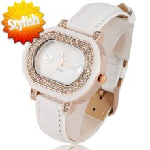 Fashion Crystal Women Lady Quartz Wrist Watch White Leather Band Dial 9921