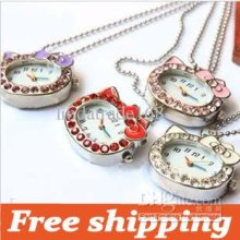 Fashion Cute Cat Pocket Watch Necklace Women Dress Quartz Watch 10pc