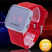 Fashion Cute Red Square Mirror Face Digital Led Unisex Kid Wrist Watch Wristlet