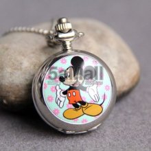 Fashion Enamel Quartz Pocket Watch Necklace Mickey Mouse Pendant Gift Cb3003