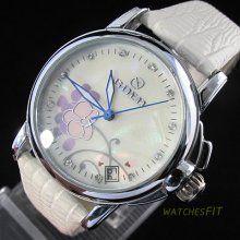 Fashion Flower Dial White Pu Belt Automatic Mechanical Date Lady Wrist Watch