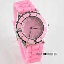 Fashion Lady Girls Pink Rubber Quartz Analog Sport Wrist Watch