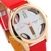 Fashion Lady Quartz Watch Golden See-through Cross Dial Gift Dress Red Leather