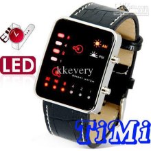 Fashion Led Light Dot Matrix Digital Leather Mens Watch New Style