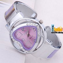 Fashion Love Heart Dial Crystal Women Bracelet Bangle Steel Quartz Wrist Watch