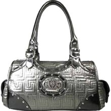 Fashion Maze Emboss Crown Logo Design Satchel Handbag Purse Bag Pewter