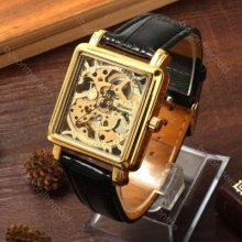 Fashion Men Black Leather Golden Case Skeleton Automatic Mechanical Wrist Watch