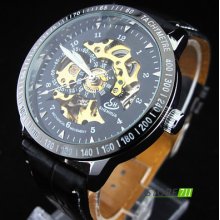 Fashion Men's Black Outdoor Sports Analog Skeleton Automatic Mechanical Watch