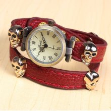 Fashion Punk Skull Leather Bronze Case Unisex Mens Womens Quartz Watch Bracelet