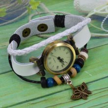 Fashion Quartz Weave White Genuine Leather Wrap Bracelet Wristwatch