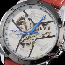 Fashion Skeleton Mens Automatic Mechanical Wrist Watch Brown Leather