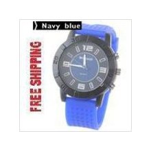 Fashion Unisex Rubber Strap Quartz Watch for Male Female x Navy blue