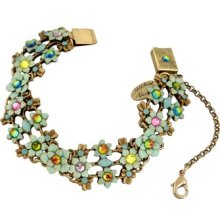 Floral Bracelet By Michal Negrin With Blue, Green & Pink Crystals & Brass Bows