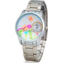 Flower & Butterfly Design Water Resistant Quartz Movement Analog Watch with Alloy Strap (Silver)