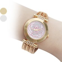 Flower Women's Rose Style Alloy Analog Quartz Bracelet Wrist Watch (Gold)