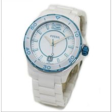 Fossil Ladies Riley White Ceramic Watch White/aqua Blue Dial W/ Date Ce1052