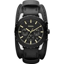 Fossil Men Black Keaton Leather Chronograph Stainless Steel Case Watch Jr1394