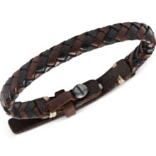 Fossil Mens Bracelet, Silver-Tone Brown and Black Braided Leather Snap