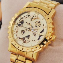 Full Golden Steel See Through Skeleton Deluxe Automatic Men's Wristwatch Numbers