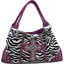 Fuzzy Zebra Striped Purse With Ornate Cross And Purple