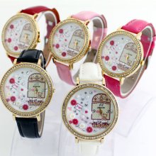 Garden Design 3d Diy Handmade Polymer Clay Lady Leather Crystal Wristwatch N8