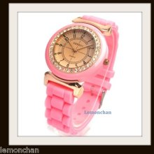 Geneva Dial Silicone Quartz Unisex Jelly Double Crystal Sport Wrist Watch Pink