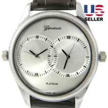 Geneva Platinum Japan Mvt. Men's Faux Leather Band Watch Double Dials -silver