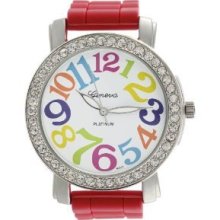 Geneva Red Large Face Silicone Rubber Jelly Watch With Crystals