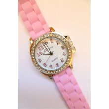 Geneva Silicone Jelly Candy Pink Round Dial With Rhinestones Watch