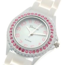 Geneva White Silicone Rubber Jelly Watch With Pink Crystals