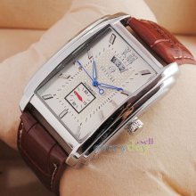 Gent Square Dial Mens Auto Mechanical Watches Date Subdial Brown Leather