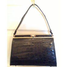 Genuine Alligator Black Leather Mad Men Classic Handbag Ladylike Purse 1970s