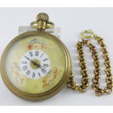 Gift Lovely Cupid Clock Copper Hand Winding Mechanicl Pendant Chain Pocket Watch