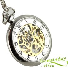 Gold & Silver Tone Skeleton Mechanical Hand-winding Pocket Watch Chain Gift