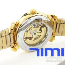 Gold Automatic Men Mechanical Skeleton Watch Chrono