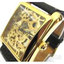 Gold Tone Mechanical Skeleton Mens Black Leather Watch