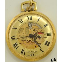 Gold Tone Skeleton Face Pocket Watch & Chain Majestime Swiss Keeps Good Time