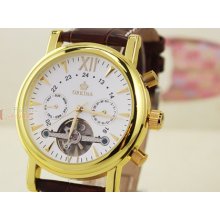 Gold White Date/day Tourbillon Mens Selfwind Genuine Leather Wrist Watch Hq