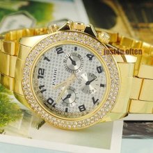 Golden Stainless Steel Mens Luxury Cuff Quartz Watch Crystal Dial
