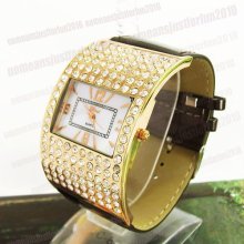 Golden Vaulted Crystal Stones Quartz Case Brown Leather Lady Wrist Watch M679k