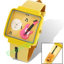 Good Jewelry Girls Guitar Leather Quartz Watch Yellow