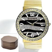 Gorgeous Geneva Gold Tone Simulated Crystal Zebra Expansion Watch