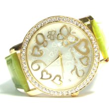 Green Strap Hearts & Butterfly Gold-plated Watch Brg12