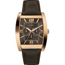 Guess Men's Contemporary Dress Sport Watch Brown Leather Rose Gold Case U11675g1