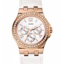 Guess Puzzle Rose Gold Swarovski White Leather Strap Lady Watch W15062l1